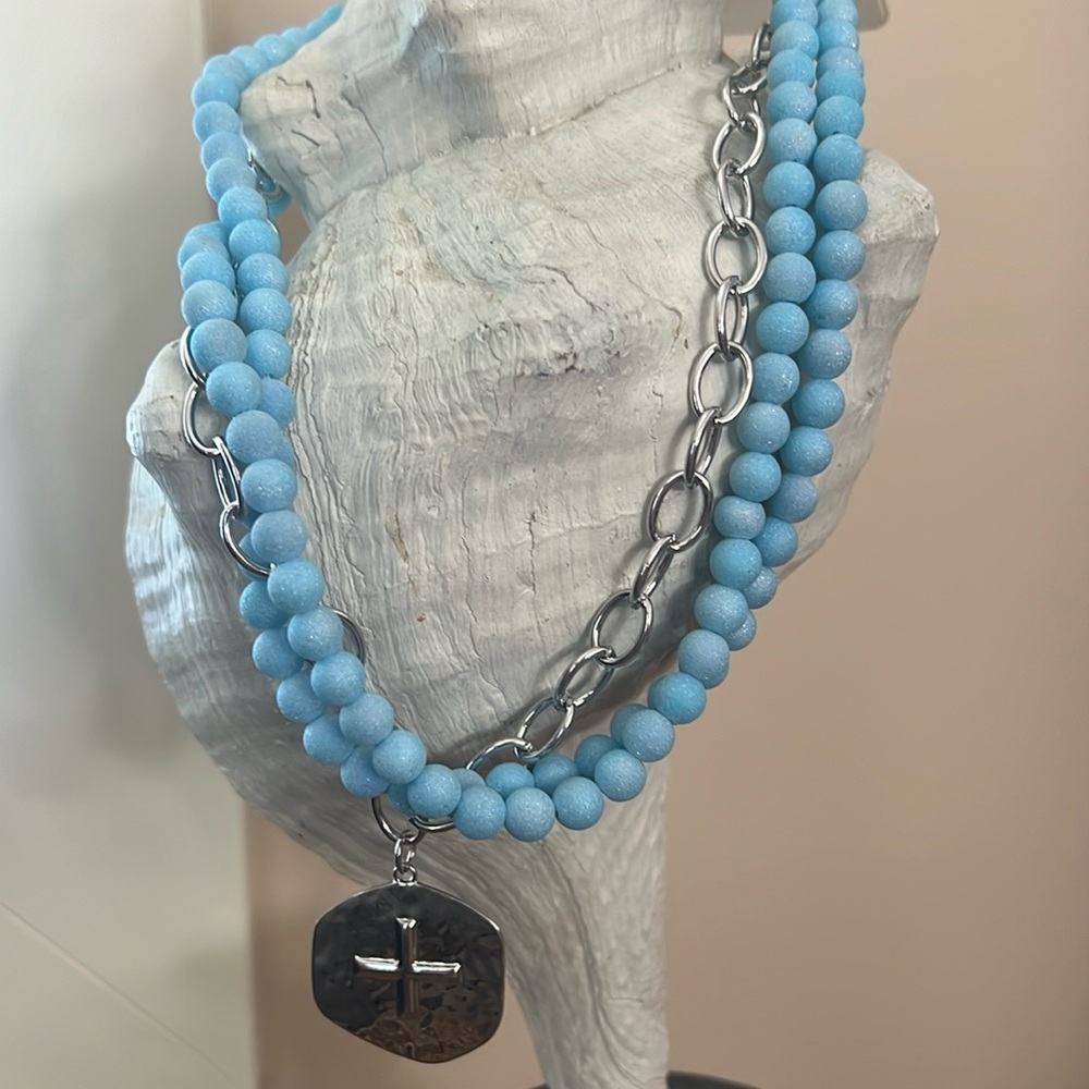 Pretty Blue Beads and Silver Chain Cross Necklace